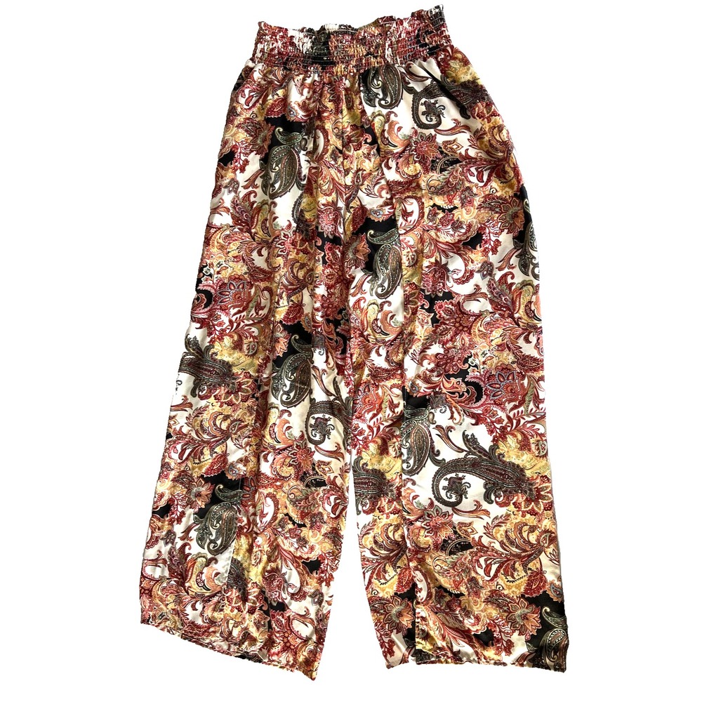 Daytrip Pants Women L Paisley Wide Leg Slit Palazzo Smocked Waist Drawstring
